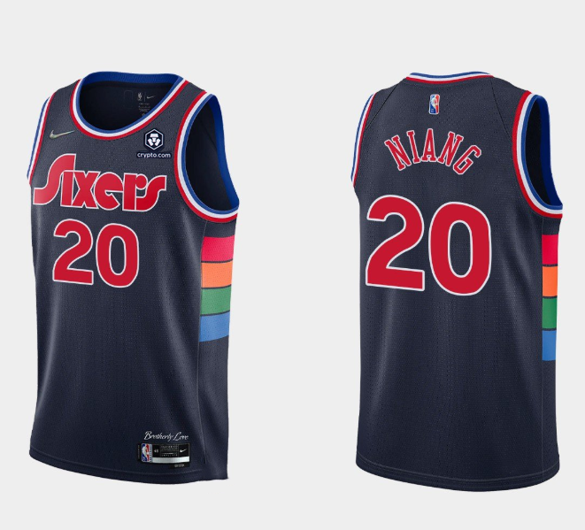 Men's Philadelphia 76ers #20 Georges Niang Navy Icon Edition 75th Anniversary Stitched Swingman Jersey Men's Philadelphia 76ers #20 Georges Niang Navy Icon Edition 75th Anniversary Stitched Swingman Jersey